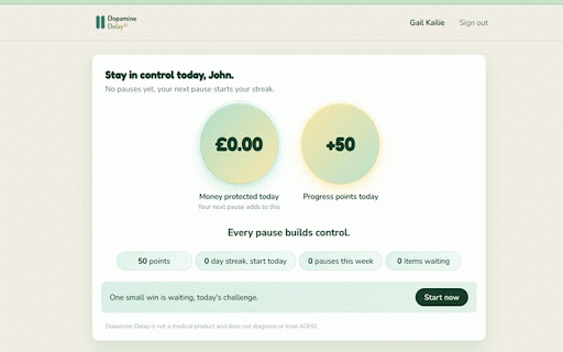Pause Before Purchase – Dopamine Delay :: Pause impulse purchases, earn points, and sync your progress to the cloud.