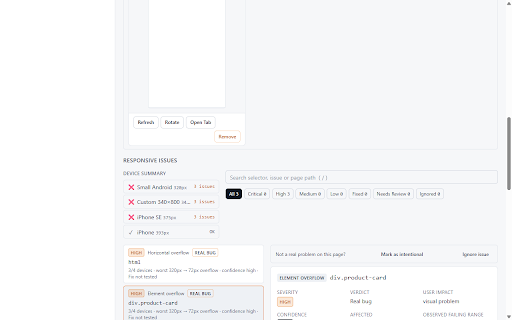 ViewPortIQ :: Multi-device responsive testing with verified issues, causes, validated CSS fixes and a responsive score — all local, no servers.