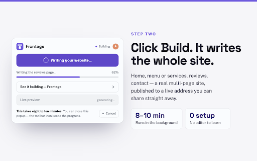Frontage — your website in one click :: Turn any business page into a finished, live website in a single click.