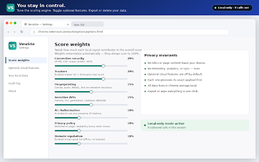 VeraSite :: Privacy-first, local-only trust scoring for websites and Chrome extensions. Analysis runs entirely on-device.