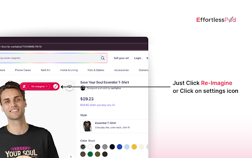 Effortless Pod ReImagine :: Effortless Pod ReImagine detects designs from a listing on supported platforms, then generates new, unique artwork inspired by it.