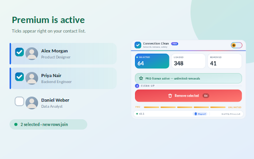 Linkedin Connection Select & Clean Pro :: ✅ Add checkboxes 🗹 to each connection, letting you remove individuals 🔍 or clean up all at once 🗑️
