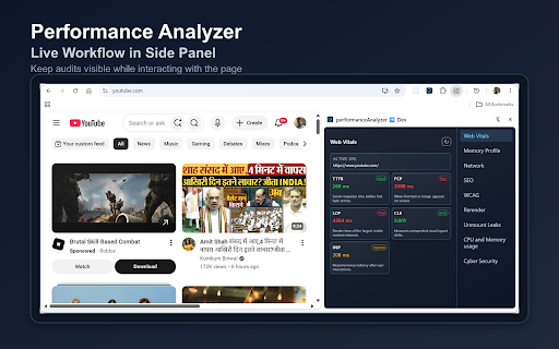 performanceAnalyzer :: Analyze web performance, SEO, accessibility (WCAG), security, React diagnostics, network activity, and CPU/memory usage in real-time