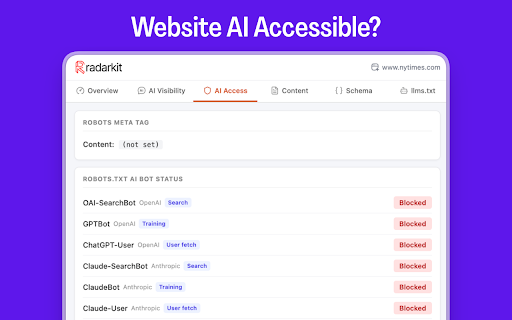 AI SEO Extension by RadarKit :: The ultimate AI SEO & visibility checker. Get instant insights into how AI bots see your site. Built by SEOs for daily analysis.