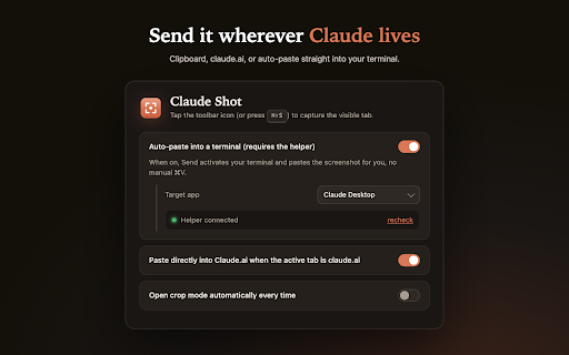 Claude Shot :: Send a screenshot of any tab straight into your Claude session. Built for macOS.