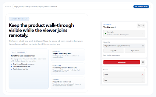 TabConnect: Browser Tab Screen Sharing :: Share your current browser tab with viewer links, live room controls, diagnostics, and chat.