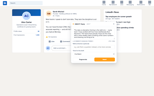 SMART Reply for LinkedIn :: Draft LinkedIn posts and comments grounded in your SMART Reply tone profile, without leaving LinkedIn.