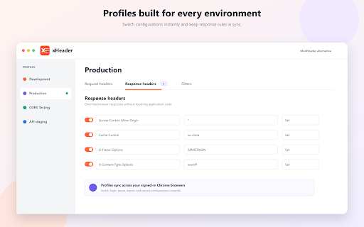 xHeader - Modify HTTP headers :: A modern ModHeader alternative for modifying request headers and response headers with profiles, filters, tab targeting, and sync.