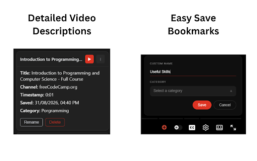 SaveTube - Bookmark Youtube Videos :: Bookmark YouTube videos at specific timestamps to resume where you left off, and organize saved videos into custom categories.