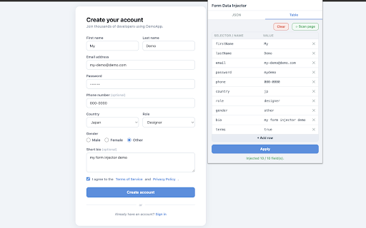 Form Data Injector :: Inject test data into web forms via JSON. For developers and QA engineers.