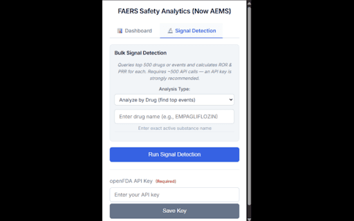 FAERS Safety Analytics (Now AEMS) :: Explore FAERS data with interactive case-report dashboards and bulk statistical signal detection for pharmacovigilance workflows.
