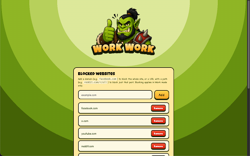 Work Work :: Toggle between Work and Play mode. In Work mode, distracting websites are blocked.