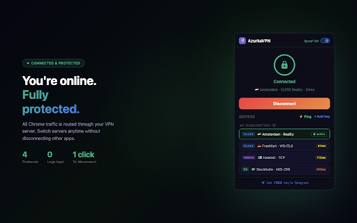 AzurkaVPN :: Replaces Hiddify, Outline, happ, v2rayNG, v2rayTUN. Paste VLESS, VMess, Shadowsocks or Trojan key and connect — no app needed.