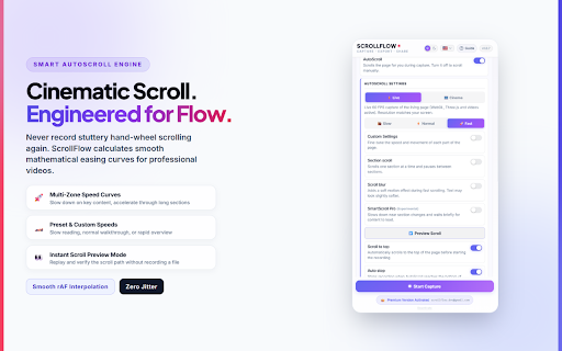 ScrollFlow : Auto-Scroll Screen Recorder :: Record any webpage as a smooth auto-scrolling video. Hands-free, full page, 100% local. Free 1080p. Pro: MP4, GIF, 4K.