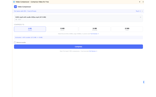 Video Compressor - Compress Video for Free :: Compress video files right in your browser sidebar. For Discord, WhatsApp, Email. Fast, free, 100% private.