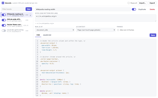 Boosts :: Per-site CSS and JavaScript. Write a snippet once, pick the sites it belongs to.