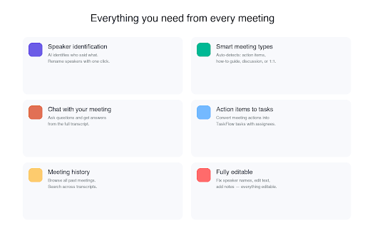 TaskFlow Meeting Recorder :: Auto-detect meetings and record with AI note-taking. Captures audio silently — no screen-sharing dialog.