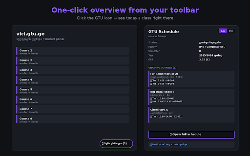 GTU ცხრილი — Personal Schedule :: Personal weekly class schedule for GTU students. Combines your vici.gtu.ge courses with the public leqtori schedule.