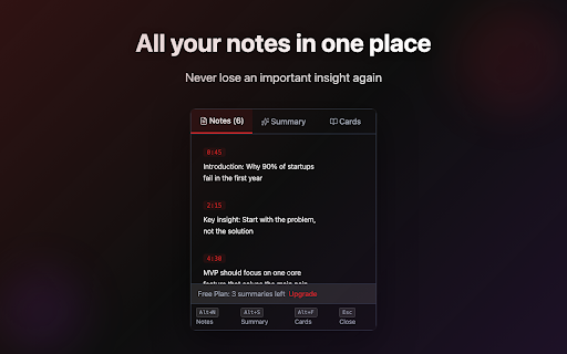 YouTube Notes to Notion & Obsidian - AI Notes :: Take timestamped notes on YouTube and send them to Notion or Obsidian in one click. Full transcript, AI summary and flashcards too.