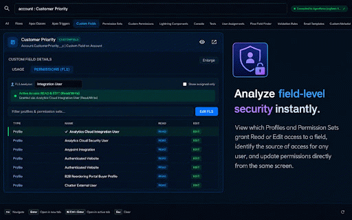 Quick Metadata Search for Salesforce :: Lightning-fast spotlight search to query, inspect, and manage Salesforce metadata, Apex code, custom fields, and permissions.