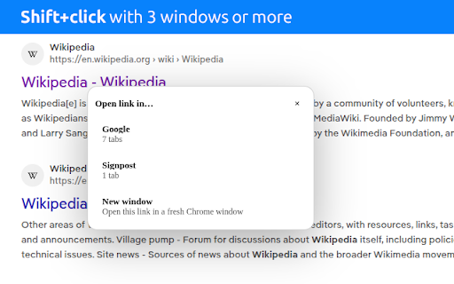 Open Link In Another Window :: Open a link in a selected Chrome window from the link context menu or with Shift+click.