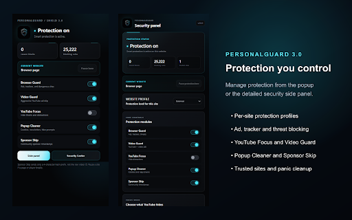 PersonalGuard Browser Guard :: Local browser protection with ad, tracker, phishing, privacy, download, history, profile, video, and optional license controls.