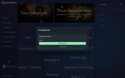 Autodarts Training Plans :: Adds a training plans overlay to play.autodarts.io so you can play back-to-back game sessions hands-free.