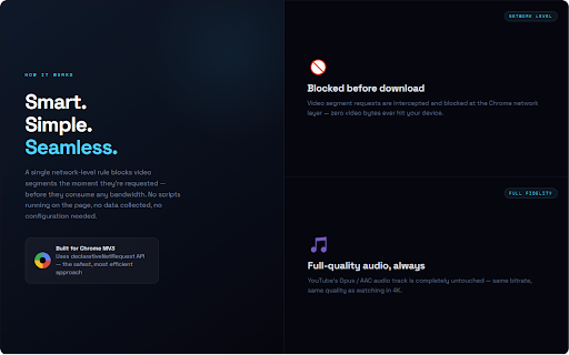 YouTube Audio Only :: Play YouTube videos in audio-only mode to save bandwidth. Blocks video stream, keeps audio.