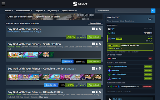 CloudScout for Steam :: Shows cloud/Game Pass availability, Turkish language support and the lowest store price on Steam and Epic game pages.