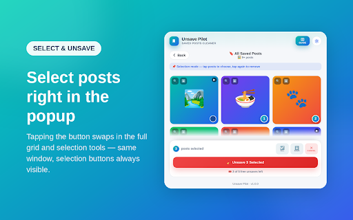 Instagram Saved Post Cleaner :: 🔖 Bulk unsave & clean Saved posts. ⚡ 3 speed modes, 🖼️ visual gallery with select & download, 📊 usage stats — fast & safe.