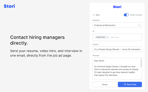 Stori - Hiring Manager Finder :: Autofill applications and email hiring managers directly from job ads with your pre-recorded first interview.