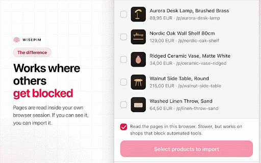 WISEPIM - Product Scraper & Importer :: Import products into WISEPIM from any webshop page. Pick what you want and it lands in your catalog.