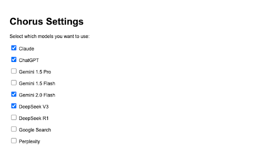 Chorus: Compare LLMs :: Compare LLMs in their native browser UI.