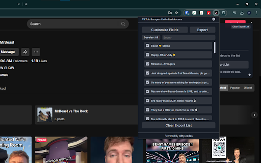 TikTok Scraper: Export Users, Posts, Comments & more :: Scrape Search, FYP, Explore, and more from TikTok, with options to export in formats such as CSV, Excel, JSON, and others.