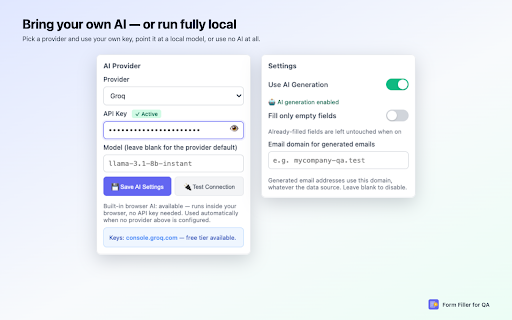 Form Filler for QA – AI Test Data Generator :: Form filler for QA: generate realistic valid, invalid & edge-case test data. Export bug reports, personas & test code.