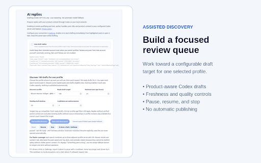 Xboost :: Find relevant X conversations with local scoring and optional Codex AI drafts. Review and send replies yourself.