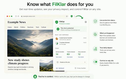 FilKlar Privacy Extension :: Auto-reject cookies, block trackers, and send PDFs straight from Chrome to FilKlar. Privacy-first.