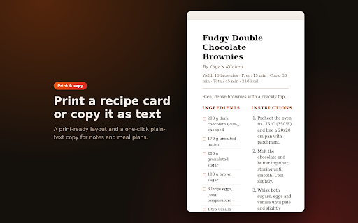 Recipe Extractor - Clean Recipe Card & Print :: Recipe extractor turns any recipe page into a clean card: ingredients, steps, photo and a print view. No ads, fully local.