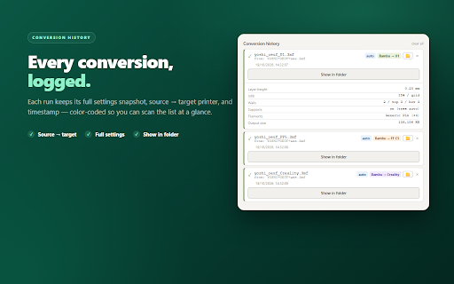 3MF Converter — Bambu, Snapmaker, Flashforge & Creality :: Convert MakerWorld .3mf files for Snapmaker U1, Flashforge Creator 5 and Creality i8. Local, instant, free.