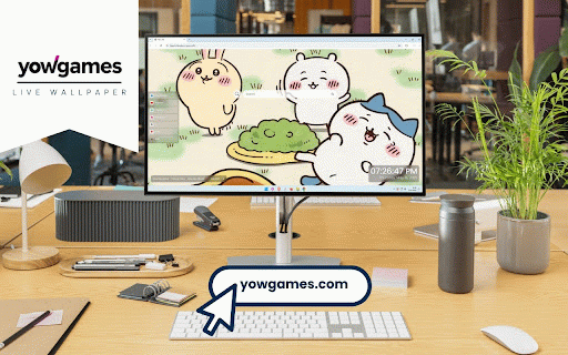 Chiikawa Picnic Live Wallpaper :: Chiikawa trio sharing green food on yellow plate in grassy meadow with cute blushing expressions.