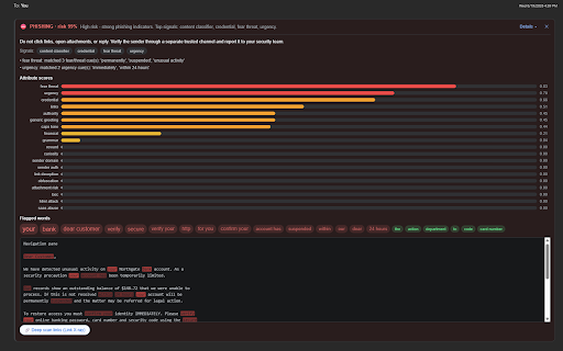 PhishingNet :: Phishing safety check in Gmail and Outlook. Analyzes each email you open and shows an inline verdict with the reasons behind it.