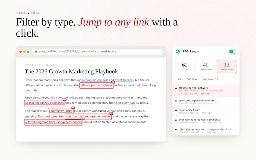 SEO Peeps - Do Follow & No Follow Checker :: Instantly visualize dofollow and nofollow links on any webpage. Built for SEO audits, content reviews, and link-building research.