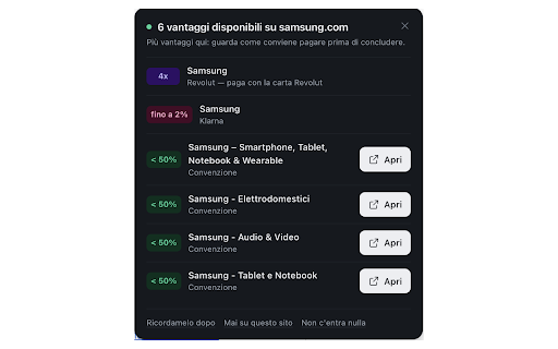 Discount Check :: Ricorda sconti Corporate Benefits, punti Revolut e cashback Klarna mentre fai acquisti online.