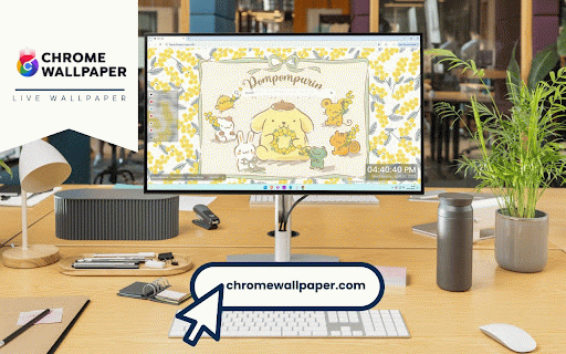 Pompompurin Live Wallpaper :: Golden Pompompurin with friends surrounded by yellow mimosa flowers in soft illustration.