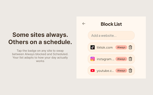 Blocked :: Stop wasting hours on distractions. Block sites with flexible rules, schedule deep work, and run focus sessions that stick.