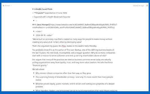 Bulk LinkedIn Bookmark Exporter - Markdown, CSV & JSON :: Export all your LinkedIn saved/bookmarked posts to Markdown, CSV, or JSON
