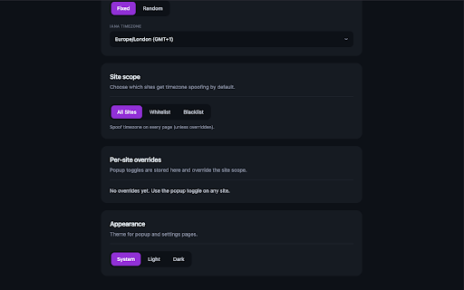 Spoof Timezone Next :: Manifest V3 timezone spoofing: override Date and Intl APIs with a fixed or random IANA timezone, per-site controls.