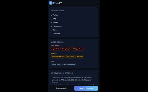Patch CV — AI Job Analyzer :: Analyze any job against your CV in one click. Match score, missing skills, CV rewrites — plus upload your latest CV right here.