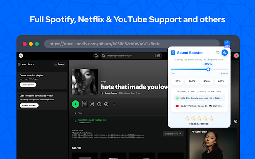 Sound Booster - Increase Volume & Vocal Remover :: Boost volume up to 600%, remove vocals for karaoke mode! Bass booster, audio amplifier & equalizer for YouTube, Spotify.