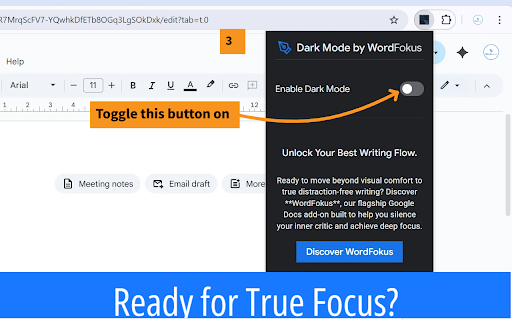 Dark Mode for Google Docs by WordFokus :: A simple, clean, and free dark mode for Google Docs. Reduces eye strain and improves focus. From the creators of WordFokus.